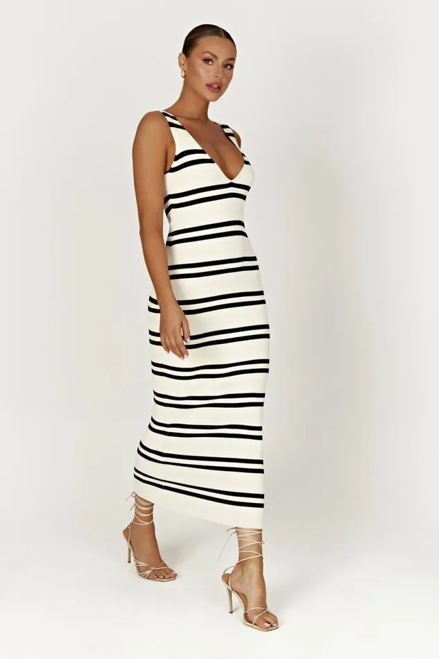 Meshki Maxi Dresses Women Henrietta Stripe Knit Maxi Dress 8211 BlackWhite Blackwhite