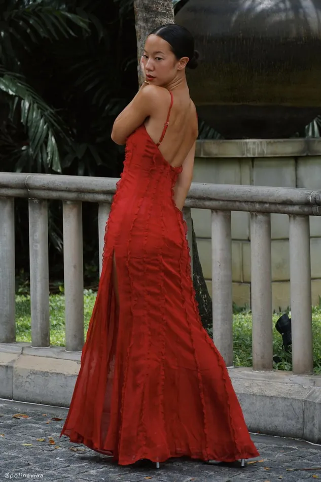 Meshki Maxi Dresses Women Jacinta Chiffon Maxi Dress 8211 Vermilion Red Vermilionred