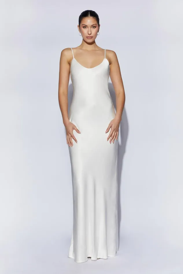 Meshki Maxi Dresses Women Kailey Low Back Maxi Dress With Detachable Bow Train 8211 White White