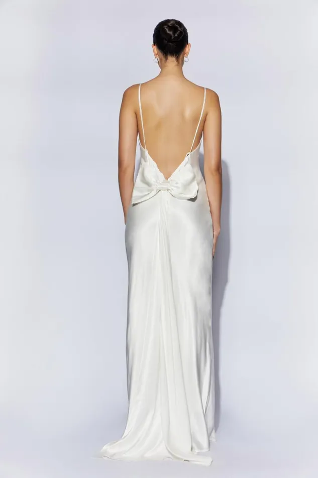 Meshki Maxi Dresses Women Kailey Low Back Maxi Dress With Detachable Bow Train 8211 White White