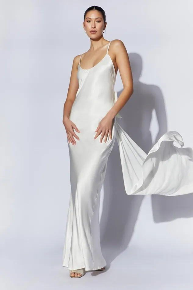 Meshki Maxi Dresses Women Kailey Low Back Maxi Dress With Detachable Bow Train 8211 White White