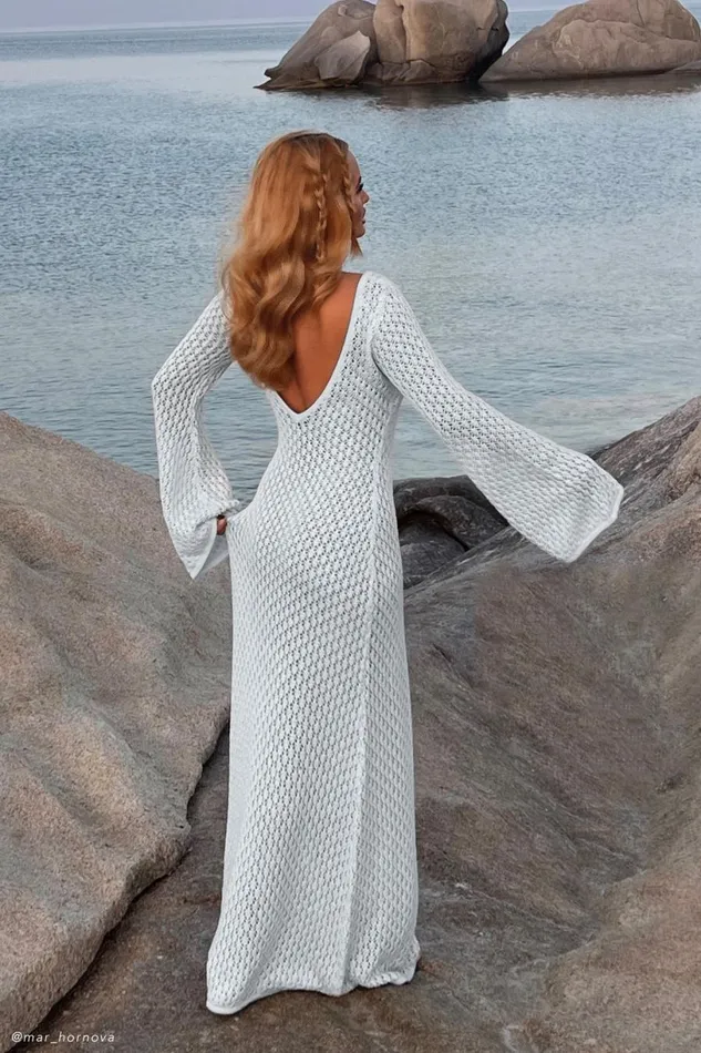 Meshki Maxi Dresses Women Kayleigh Crochet Fishtail Flare Sleeve Maxi Dress 8211 Arctic Blue Arcticblue