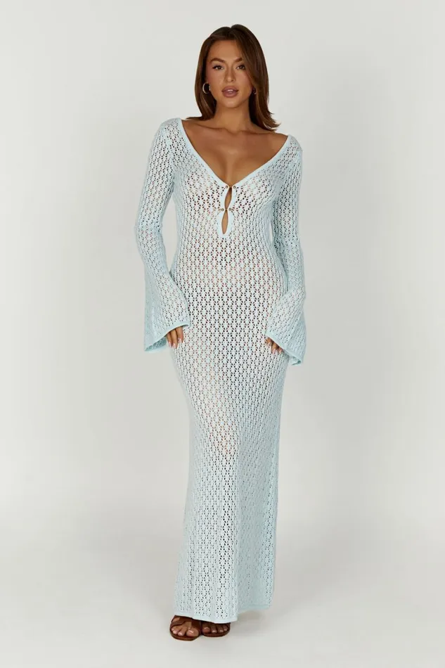 Meshki Maxi Dresses Women Kayleigh Crochet Fishtail Flare Sleeve Maxi Dress 8211 Arctic Blue Arcticblue