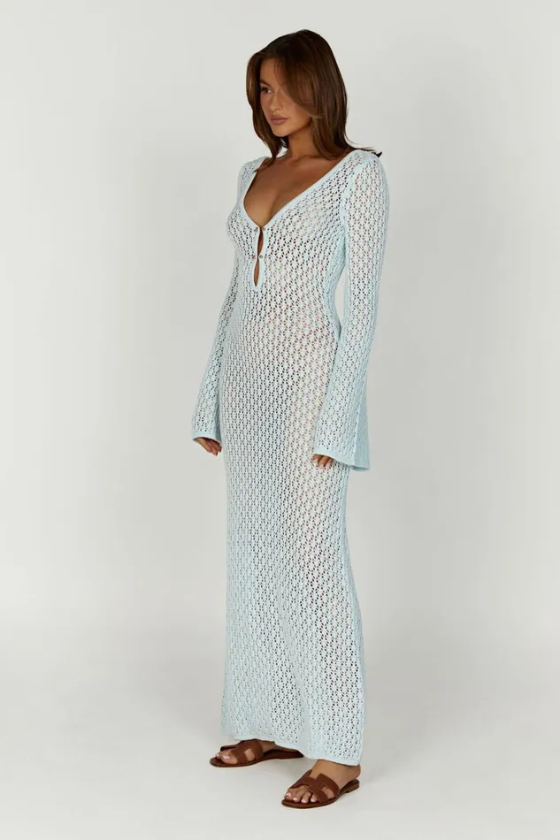 Meshki Maxi Dresses Women Kayleigh Crochet Fishtail Flare Sleeve Maxi Dress 8211 Arctic Blue Arcticblue