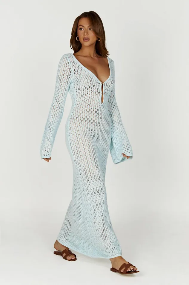 Meshki Maxi Dresses Women Kayleigh Crochet Fishtail Flare Sleeve Maxi Dress 8211 Arctic Blue Arcticblue