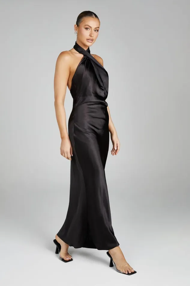Meshki Maxi Dresses Women Laura Halter Satin Gown 8211 Black Black