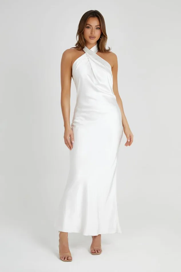 Meshki Maxi Dresses Women Laura Halter Satin Gown 8211 White White
