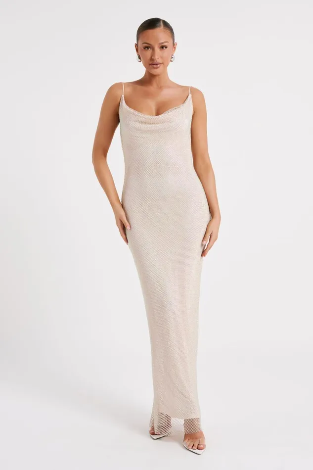 Meshki Maxi Dresses Women Madelaine Diamante Mesh Cowl Maxi Dress 8211 Cream Cream Meshki Maxi Dresses Women Madelaine Diamante Mesh Cowl Maxi Dress 8211 Cream Cream
