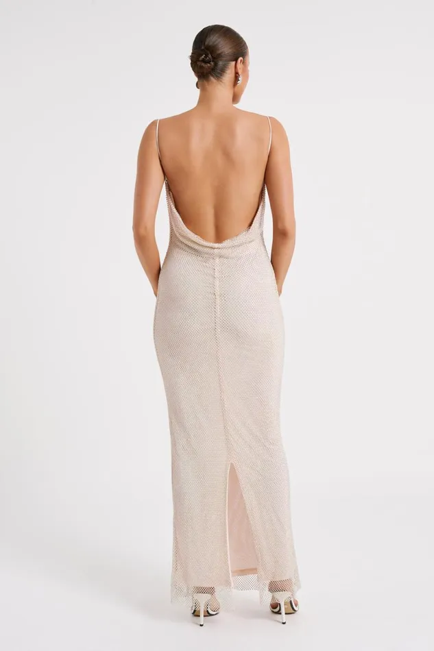 Meshki Maxi Dresses Women Madelaine Diamante Mesh Cowl Maxi Dress 8211 Cream Cream