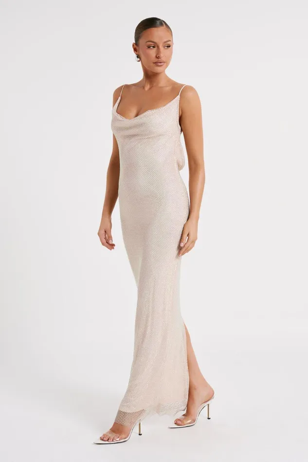 Meshki Maxi Dresses Women Madelaine Diamante Mesh Cowl Maxi Dress 8211 Cream Cream