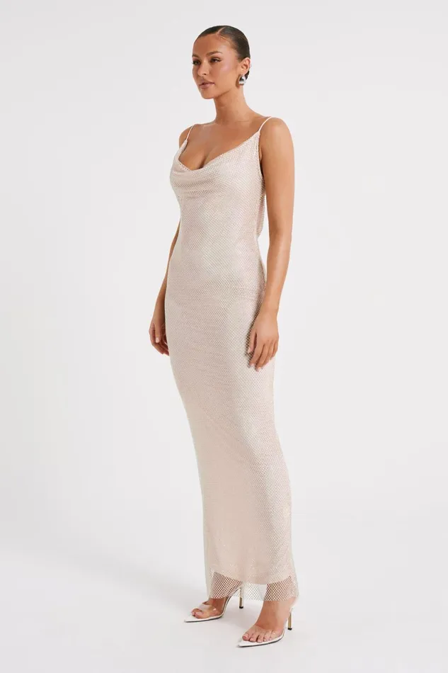 Meshki Maxi Dresses Women Madelaine Diamante Mesh Cowl Maxi Dress 8211 Cream Cream