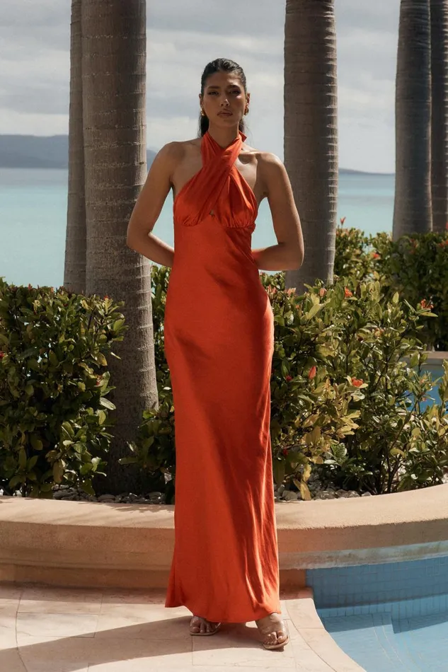 Meshki Maxi Dresses Women Marvelle Satin Halter Maxi Dress 8211 Vermilion Red Vermilionred