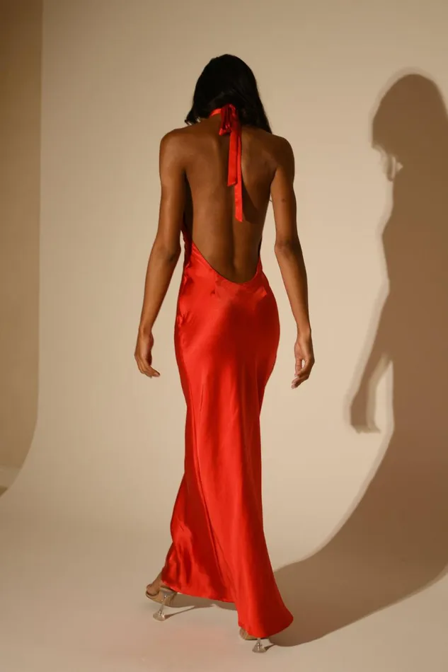 Meshki Maxi Dresses Women Marvelle Satin Halter Maxi Dress 8211 Vermilion Red Vermilionred