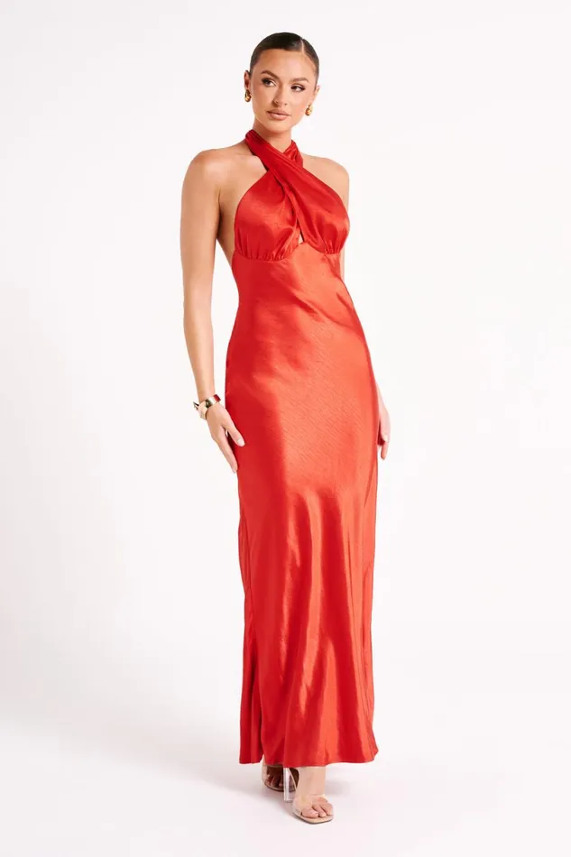 Meshki Maxi Dresses Women Marvelle Satin Halter Maxi Dress 8211 Vermilion Red Vermilionred