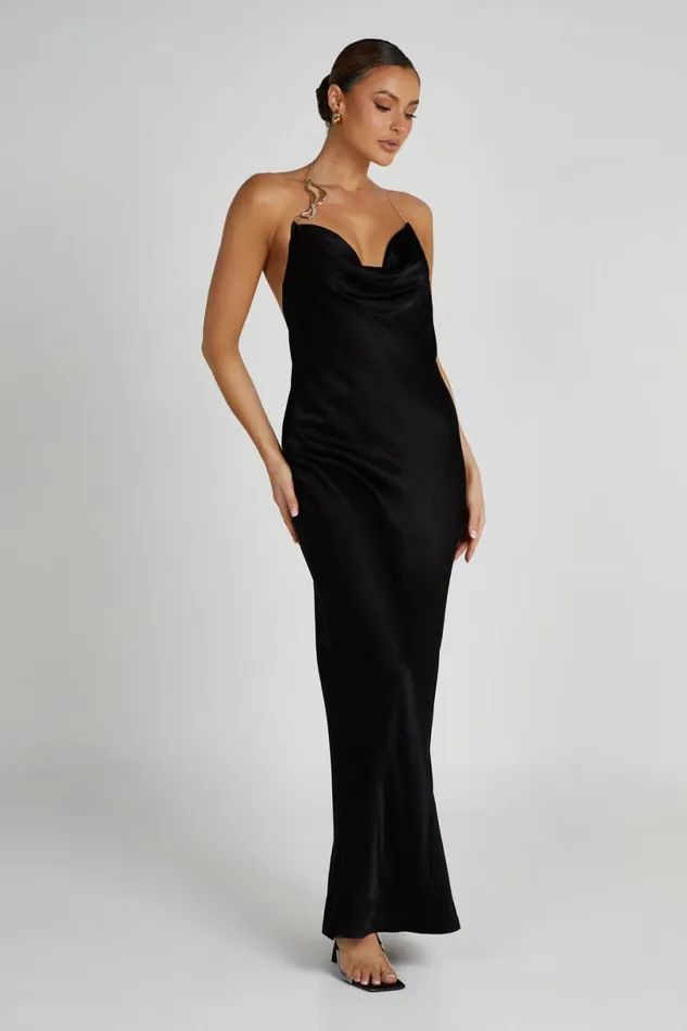 Meshki Maxi Dresses Women Melissa Satin Cowl Front Maxi Dress 8211 Black Black