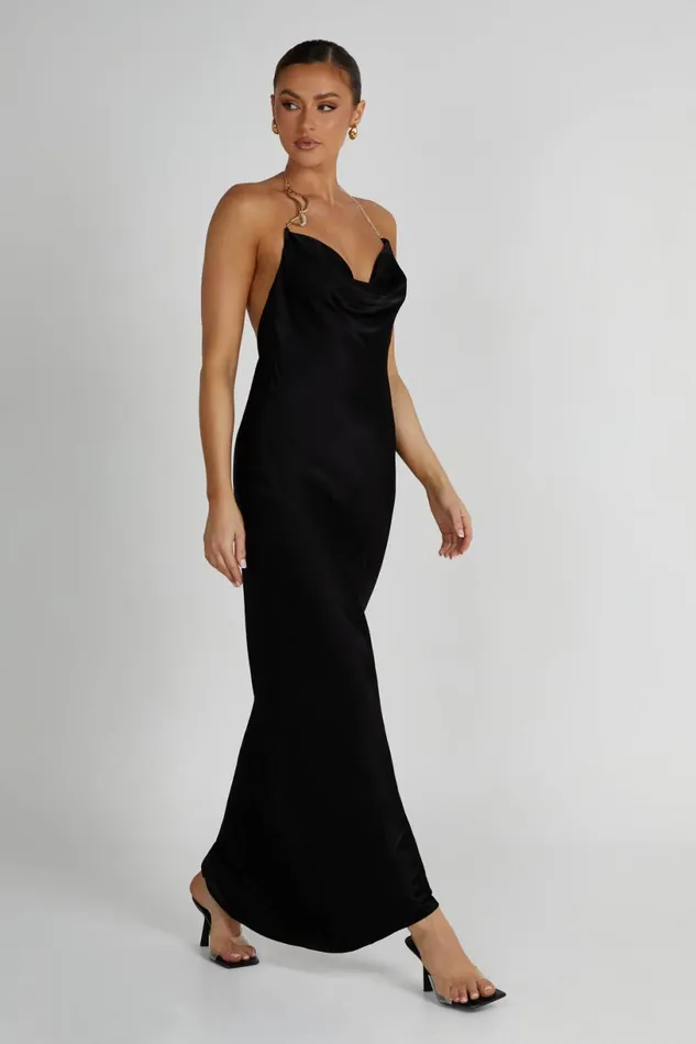 Meshki Maxi Dresses Women Melissa Satin Cowl Front Maxi Dress 8211 Black Black