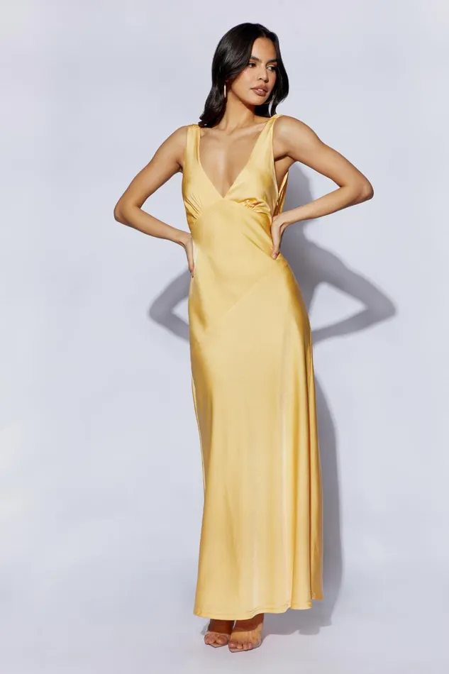 Meshki Maxi Dresses Women Nadia Maxi Satin Dress With Back Cowl 8211 Lemon Lemon