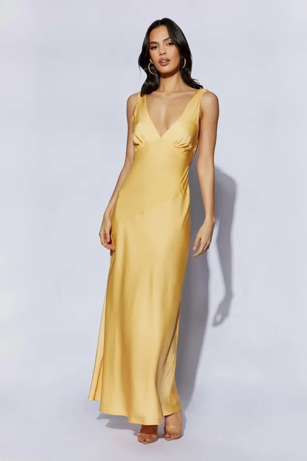Meshki Maxi Dresses Women Nadia Maxi Satin Dress With Back Cowl 8211 Lemon Lemon