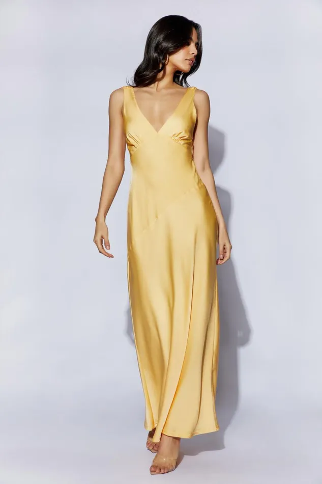 Meshki Maxi Dresses Women Nadia Maxi Satin Dress With Back Cowl 8211 Lemon Lemon