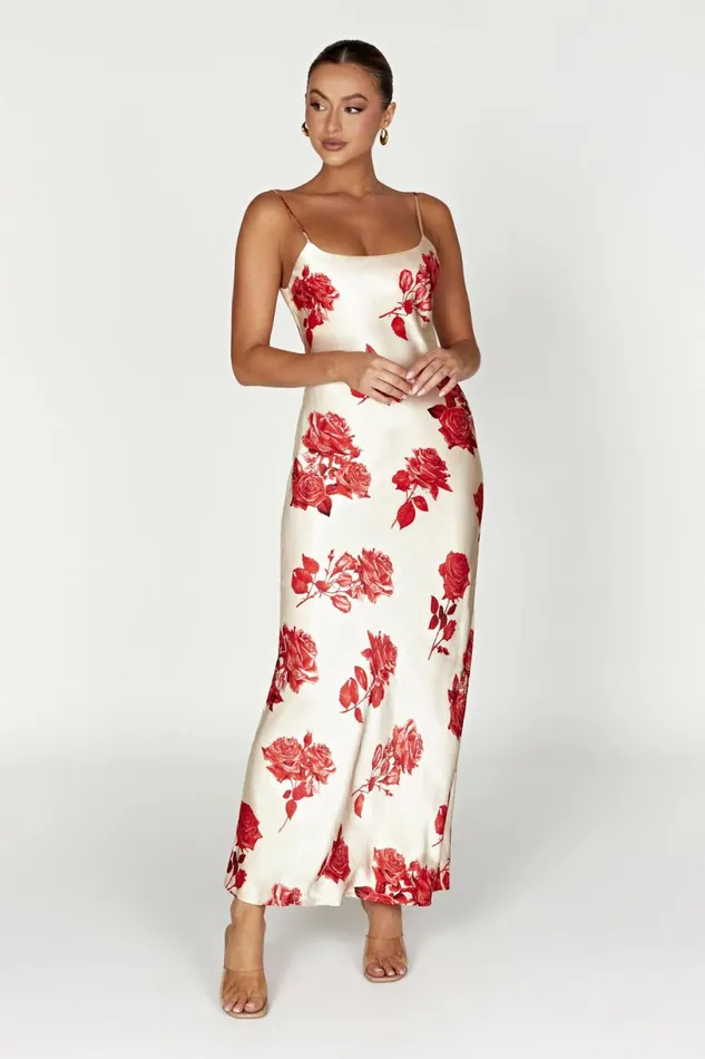 Meshki Maxi Dresses Women Rosalie Satin Maxi Dress 8211 Rose Print Rose Print
