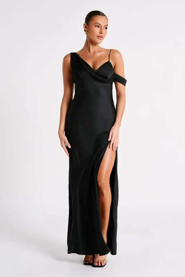 Meshki Maxi Dresses Women Soleil Satin Off Shoulder Maxi Dress 8211 Black Black Meshki Maxi Dresses Women Soleil Satin Off Shoulder Maxi Dress 8211 Black Black