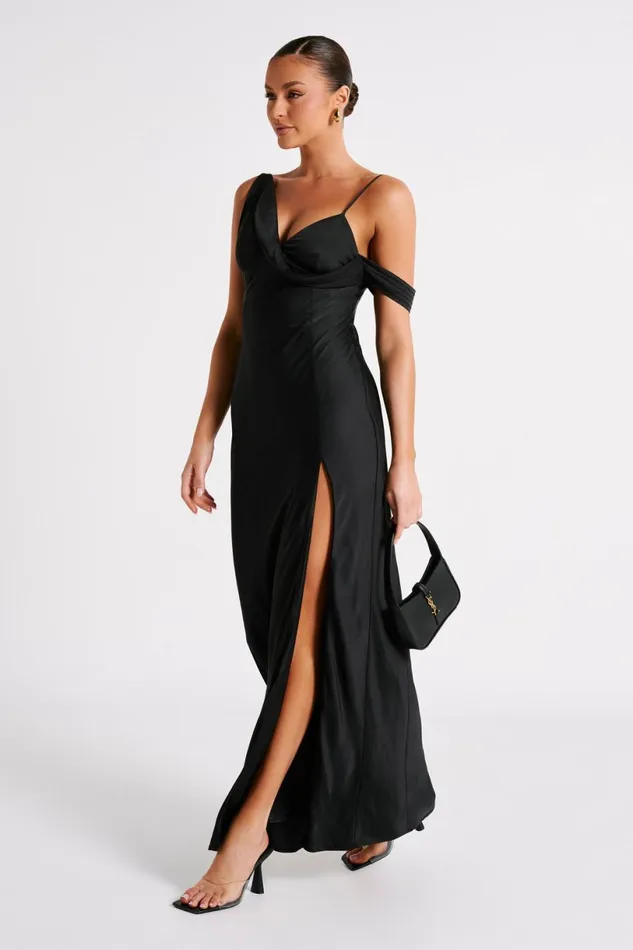 Meshki Maxi Dresses Women Soleil Satin Off Shoulder Maxi Dress 8211 Black Black