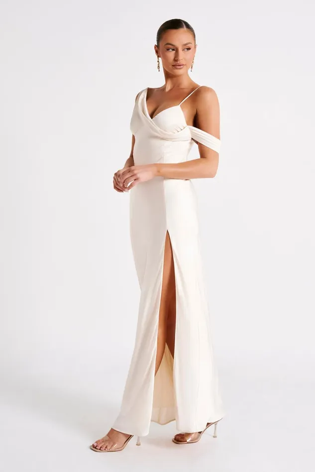 Meshki Maxi Dresses Women Soleil Satin Off Shoulder Maxi Dress 8211 Ivory Ivory