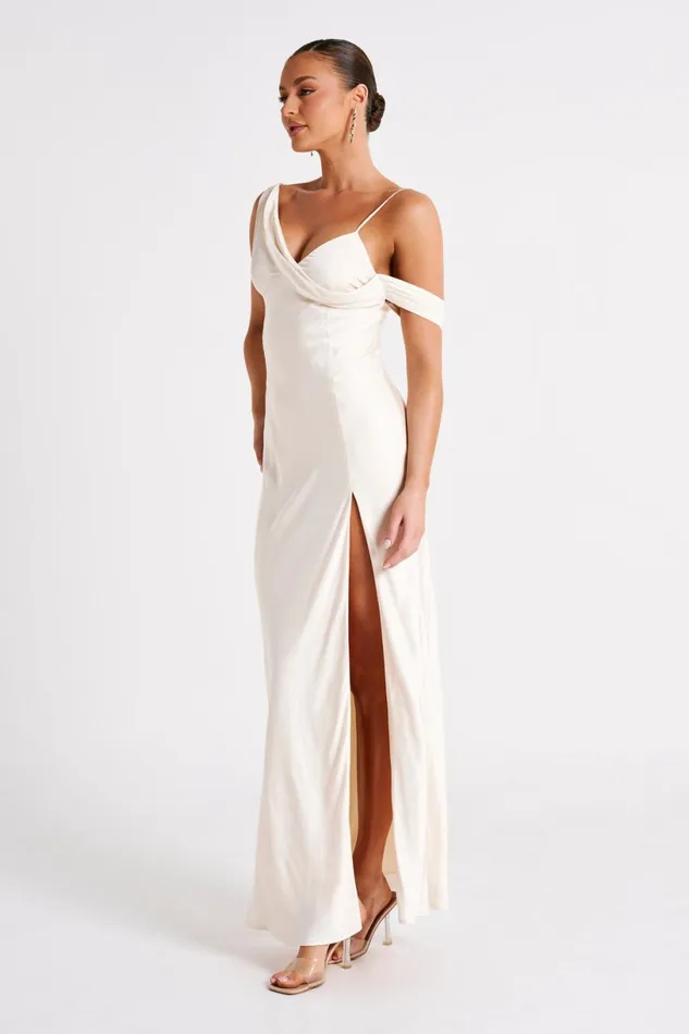 Meshki Maxi Dresses Women Soleil Satin Off Shoulder Maxi Dress 8211 Ivory Ivory