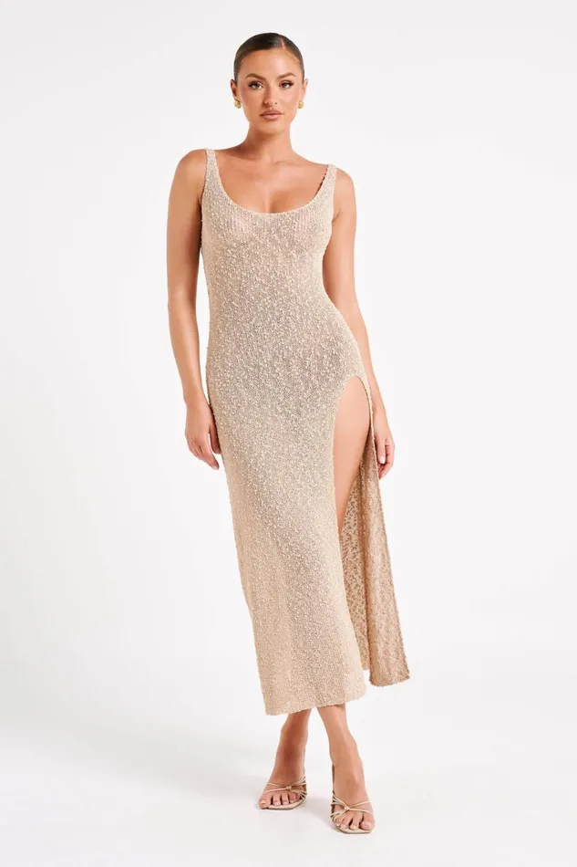 Meshki Maxi Dresses Women Vittoria Boucle Maxi Dress With Split 8211 Wheat Wheat Meshki Maxi Dresses Women Vittoria Boucle Maxi Dress With Split 8211 Wheat Wheat