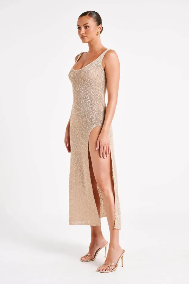 Meshki Maxi Dresses Women Vittoria Boucle Maxi Dress With Split 8211 Wheat Wheat