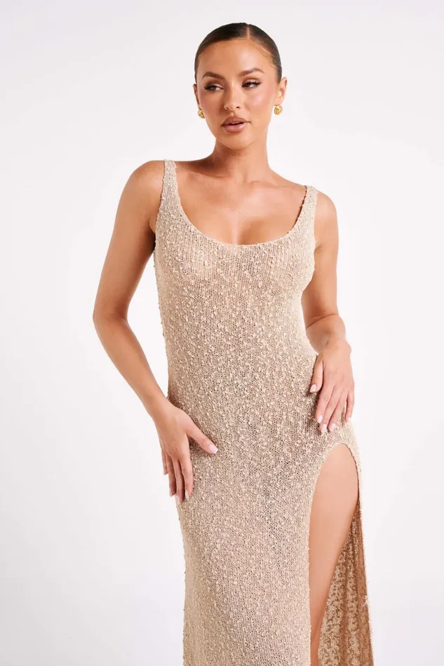 Meshki Maxi Dresses Women Vittoria Boucle Maxi Dress With Split 8211 Wheat Wheat