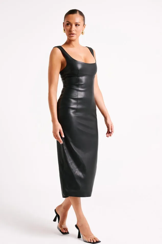 Meshki Midi Dresses Women Cynthia Faux Leather Midi Dress 8211 Black Black