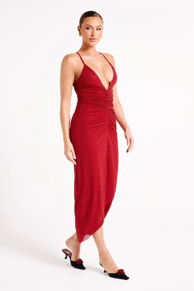 Meshki Midi Dresses Women Emeraude Diamante Ruched Midi Dress 8211 Vermilion Red Vermilionred