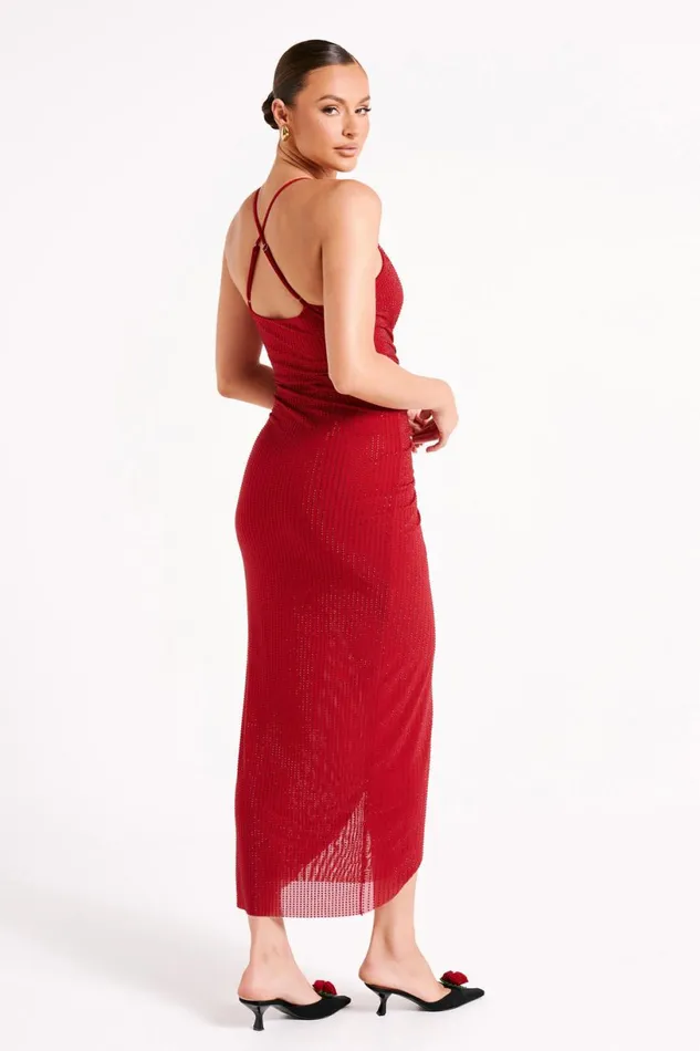 Meshki Midi Dresses Women Emeraude Diamante Ruched Midi Dress 8211 Vermilion Red Vermilionred
