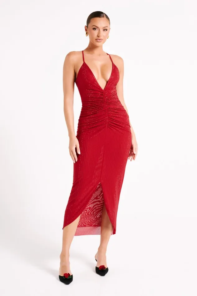 Meshki Midi Dresses Women Emeraude Diamante Ruched Midi Dress 8211 Vermilion Red Vermilionred
