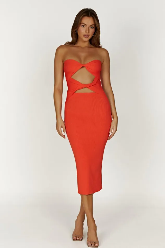 Meshki Midi Dresses Women Gabrielle Twist Knit Midi Dress 8211 Coral Coral Meshki Midi Dresses Women Gabrielle Twist Knit Midi Dress 8211 Coral Coral