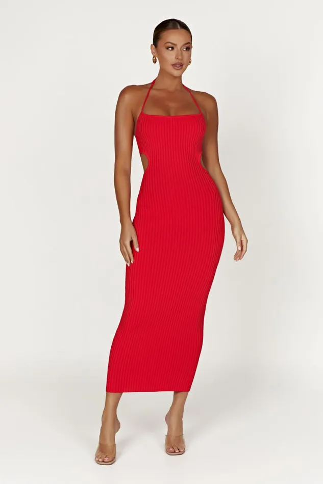 Meshki Midi Dresses Women Morgan Halter Knit Midi Dress 8211 Red Red