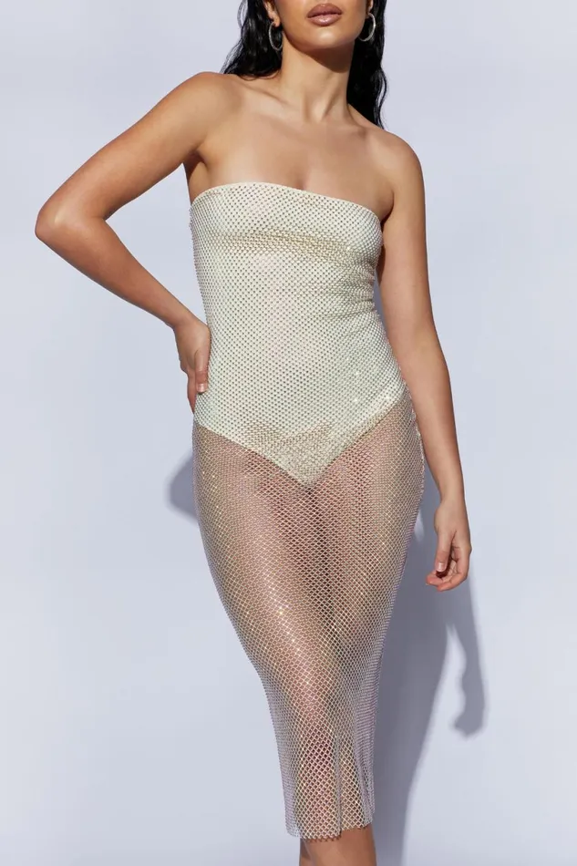 Meshki Midi Dresses Women Nima Diamante Mesh Midi Dress 8211 Cream Cream