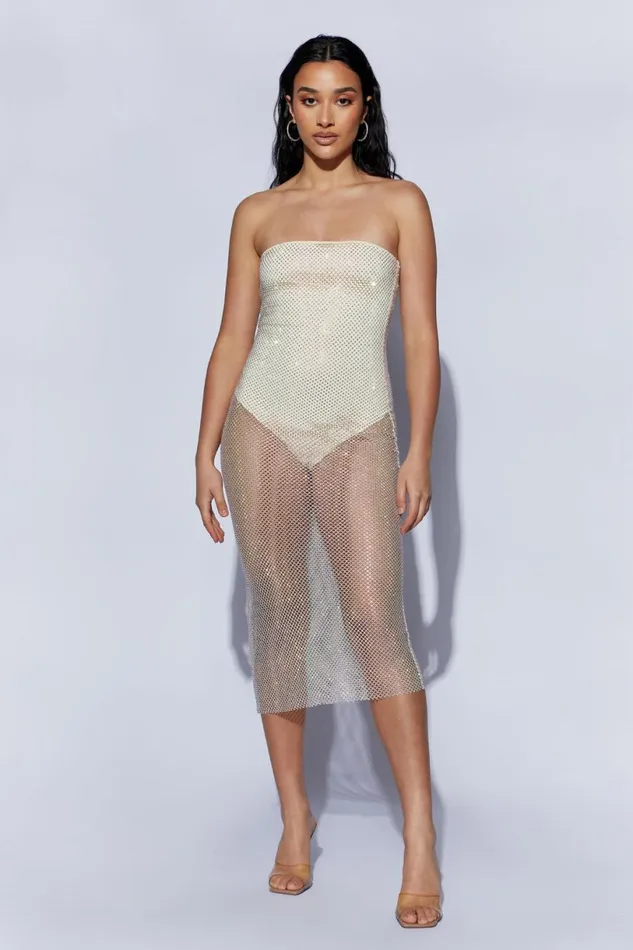 Meshki Midi Dresses Women Nima Diamante Mesh Midi Dress 8211 Cream Cream