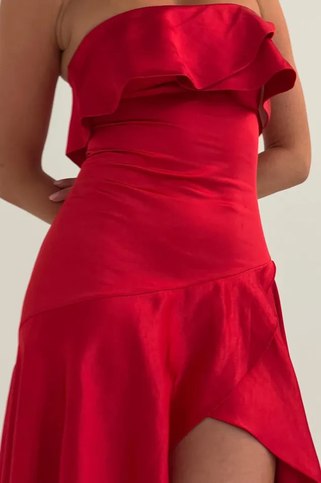 Meshki Midi Dresses Women Sulianna Strapless Ruffle Midi Dress 8211 Vermilion Red Vermilionred