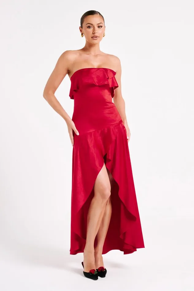 Meshki Midi Dresses Women Sulianna Strapless Ruffle Midi Dress 8211 Vermilion Red Vermilionred