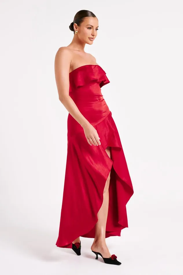 Meshki Midi Dresses Women Sulianna Strapless Ruffle Midi Dress 8211 Vermilion Red Vermilionred