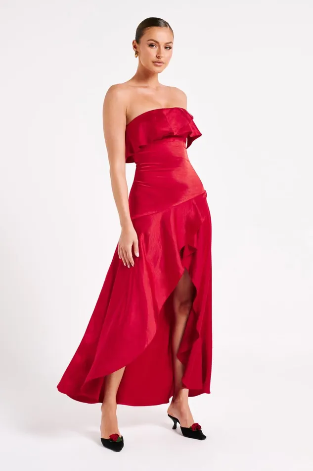 Meshki Midi Dresses Women Sulianna Strapless Ruffle Midi Dress 8211 Vermilion Red Vermilionred