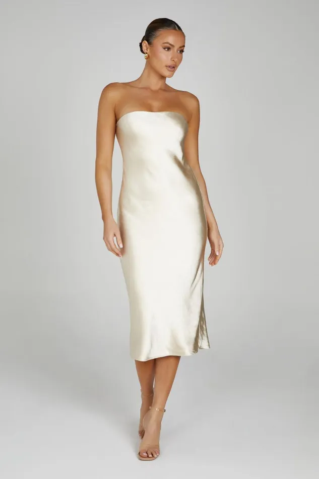 Meshki Midi Dresses Women Tyler Strapless Satin Midi Dress 8211 Gold Gold