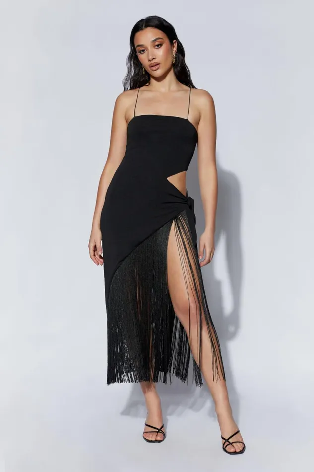Meshki Midi Dresses Women Yasmin Wrap Over Midi Dress With Fringing 8211 Black Black Meshki Midi Dresses Women Yasmin Wrap Over Midi Dress With Fringing 8211 Black Black