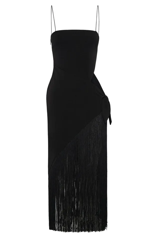 Meshki Midi Dresses Women Yasmin Wrap Over Midi Dress With Fringing 8211 Black Black Meshki Midi Dresses Women Yasmin Wrap Over Midi Dress With Fringing 8211 Black Black