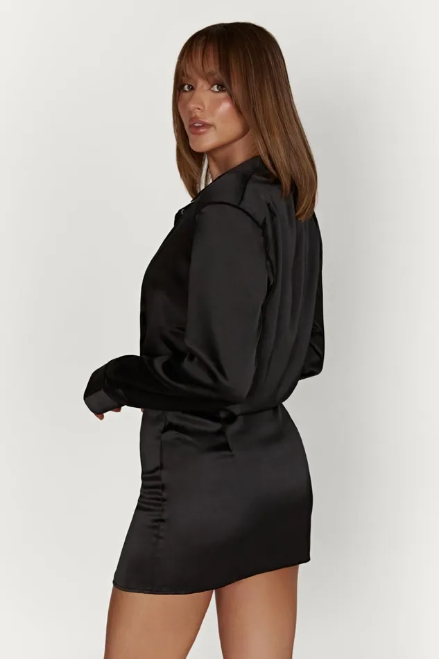 Meshki Mini Dresses Women Brielle Satin Shirt Dress 8211 Black Black Meshki Mini Dresses Women Brielle Satin Shirt Dress 8211 Black Black