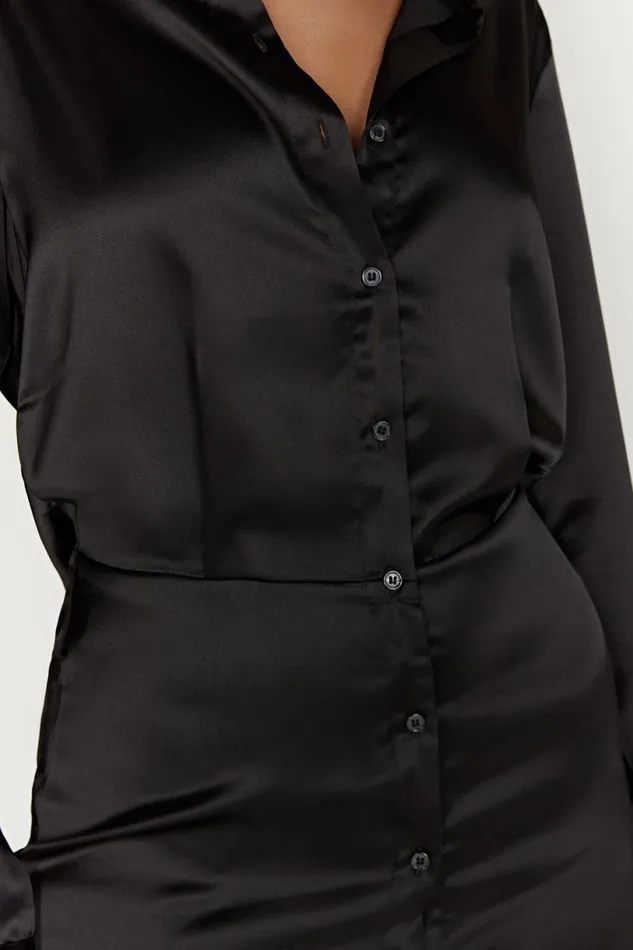 Meshki Mini Dresses Women Brielle Satin Shirt Dress 8211 Black Black Meshki Mini Dresses Women Brielle Satin Shirt Dress 8211 Black Black