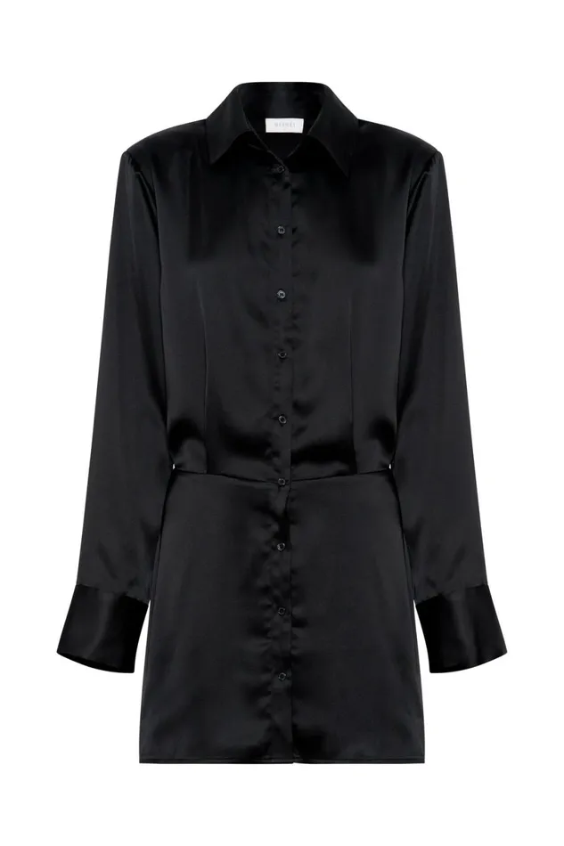 Meshki Mini Dresses Women Brielle Satin Shirt Dress 8211 Black Black Meshki Mini Dresses Women Brielle Satin Shirt Dress 8211 Black Black