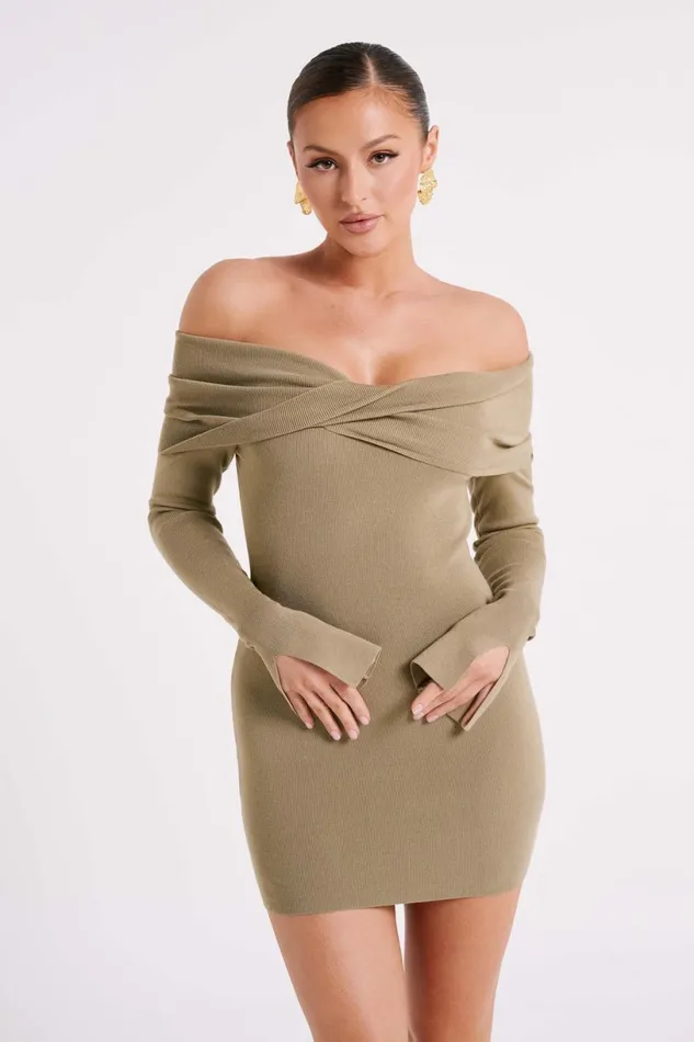 Meshki Mini Dresses Women Clover Off Shoulder Knit Mini Dress 8211 Olive Olive Meshki Mini Dresses Women Clover Off Shoulder Knit Mini Dress 8211 Olive Olive